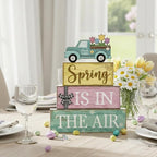 Moucuny 4 Pcs Spring Table Decor Wooden Blue Truck Decoration Flower Centerpiece Spring Tiered Tray Decor Decorative Colorful Flower Block Signs Gift Farmhouse Decoration for Home Kitchen