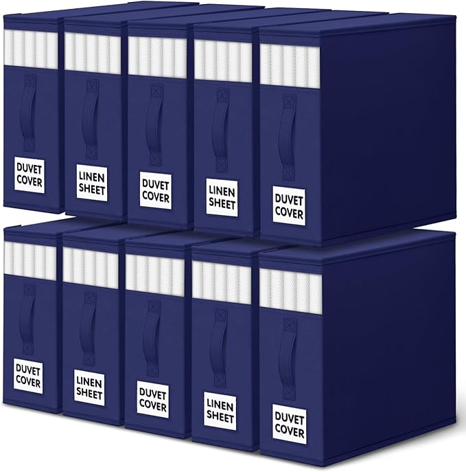 WOWBOX Sheet Organizers and Storage,Closet Bed Sheet Organizer Under Bed Storage and Organization with Label Cards & Clear Window for Bedding Sheets,Duvet Covers,Blankets (10 Pack，Blue)