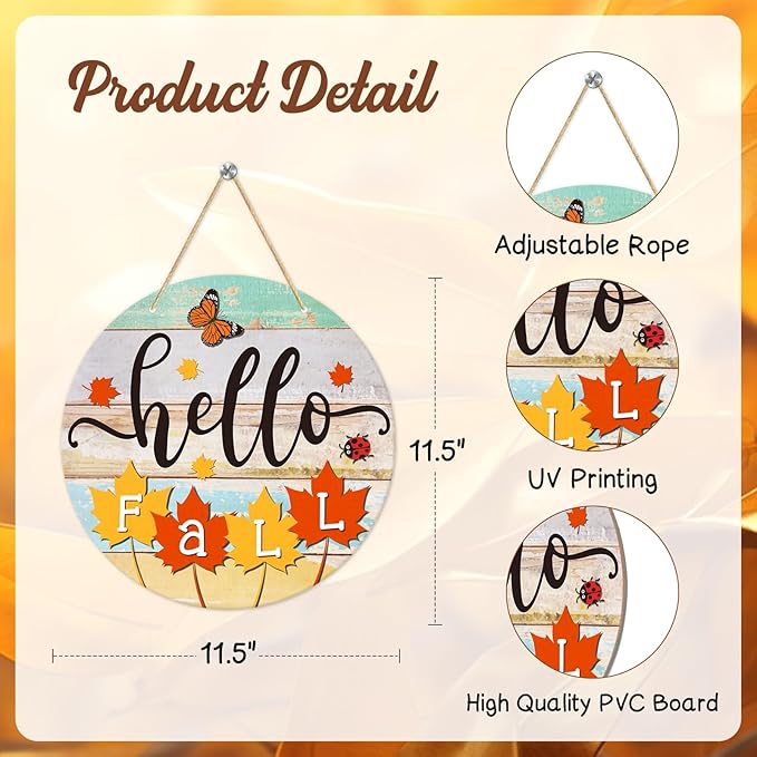 PETCEE Hello Fall Door Sign - 11.5" Farmhouse Maple Leaf Front Door Decor Welcome Hanger Wreaths for Home Office Autumn Fall Decor Wall Decorations Reusable Seasonal Sign for Kitchen Classroom Porch