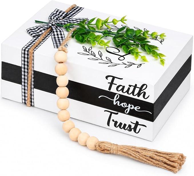 Capoda 3 Pcs Decorative Books for Home Decor Farmhouse Faux Stacked Books Wooden Rustic Table Decor with Bead Garland Twine Ribbon Faux Leaf for Table (Faith)