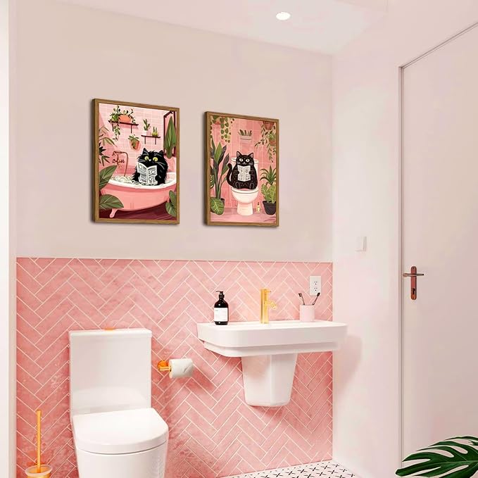 Framed Funny Bathroom Black Cat Canvas Wall Art Set of 2, Cute Cat Reading Newspaper on Toilet Pictures Wall Decor, Humor Animal in Bathtub Paintings Prints for Restroom 16x24 inch