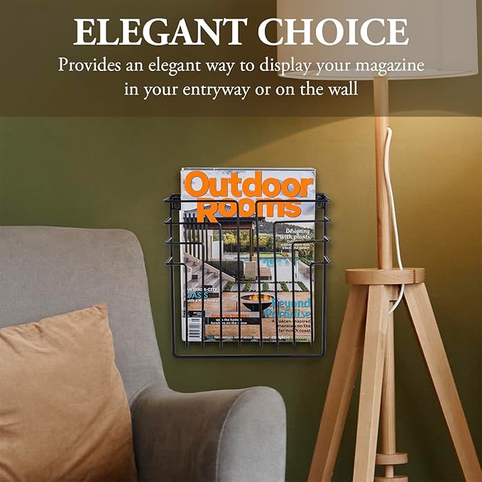 MyGift 11 Inch Modern Art Deco Black Metal Wire Floating Magazine Rack and File Folder Holder, Wall Mounted Home or Office Storage for Oversized Magazines
