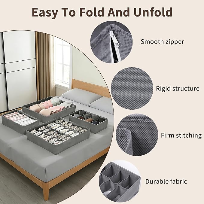 Garvee 12-Pack Underwear Drawer Organizers, 116-Cell Dresser Drawer Divider Bins for Baby Clothes, Underwear, Bra & Sock, Foldable Fabric Closet Organizer for Bedroom, Nursery, Grey