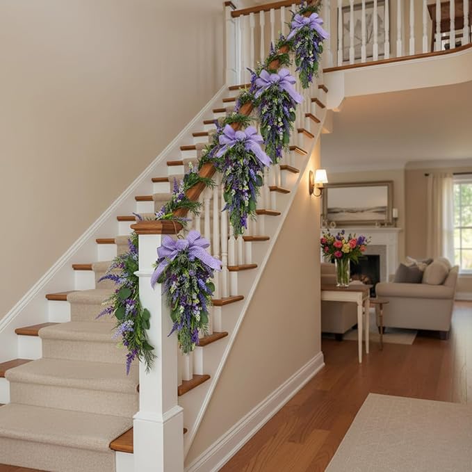 23 Inch Pre-lit Lavender Teardrop Swag, Farmhouse Spring Summer Teardrop with Purple Gingham Bow, Battery Operated with Timer & 10 Warm White Lights, Floral Decoration for Wall Door Farmhouse