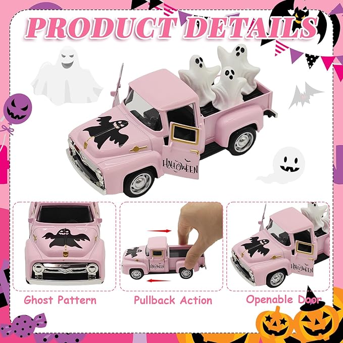 Halloween Decorations - Mini Cute Farmhouse Style Halloween Metal Truck Decor with 3 Removable Mini Ghost Ornaments for Tabletop, Tiered Tray, Shelf, Fireplace and Home Indoor Décor(Halloween-Pink)