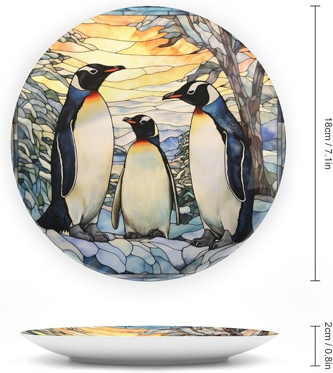 Decorative Plates, Penguins Family Snowy Forest Stained Glass Painting Ceramic Dinner Plate w/Display Stand, Wall Hanging Decor for Kitchen Household 7 Inch, Gifts for Penguin Lovers