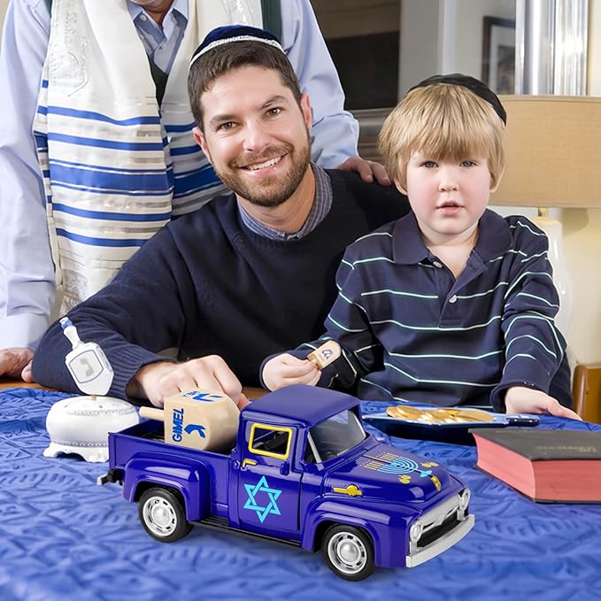 Hanukkah Truck Decor Vintage Metal Truck with Wood Dreidel Ornament Festive Jewish Holiday Farmhouse Tabletop Tiered Tray Decoration for Home Kitchen Office Tiered Tray Supplies