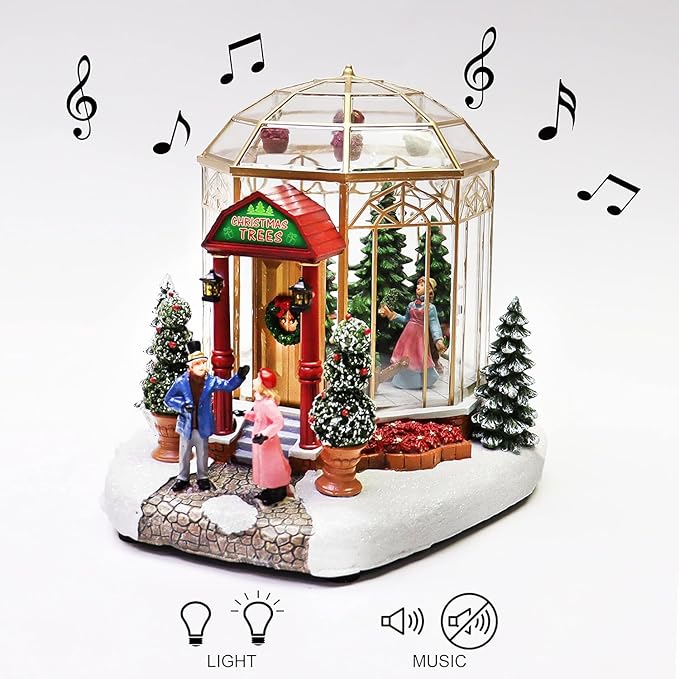 Christmas Village Lighted Tree Shop by Moments in Time LED Musical Holiday Building with Battery Operation, Handcrafted Décor for Christmas Village Display 7.5”