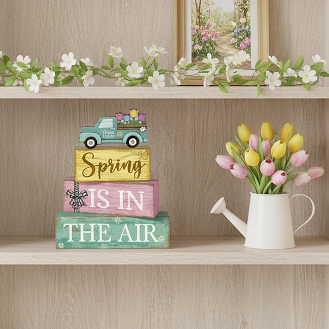 Moucuny 4 Pcs Spring Table Decor Wooden Blue Truck Decoration Flower Centerpiece Spring Tiered Tray Decor Decorative Colorful Flower Block Signs Gift Farmhouse Decoration for Home Kitchen