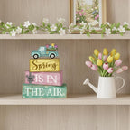Moucuny 4 Pcs Spring Table Decor Wooden Blue Truck Decoration Flower Centerpiece Spring Tiered Tray Decor Decorative Colorful Flower Block Signs Gift Farmhouse Decoration for Home Kitchen
