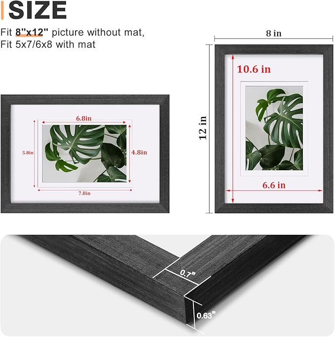 Egofine 8x12 Picture Frames Set of 4, Made of Solid Wood Covered by Plexiglass 5x7 and 6x8 with Mat or 8x12 without Mat, for Table Top Display and Wall Mounting Photo Frame Rustic Black