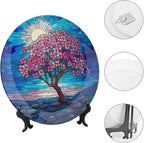 Stained Glass Theme Decorative Ceramic Plate Round Porcelain Plate,8 inch,Cherry Tree Pattern,for Decorative Ornaments Giving Plates, 1 Plate with 1 Display Stand,Blue Pink