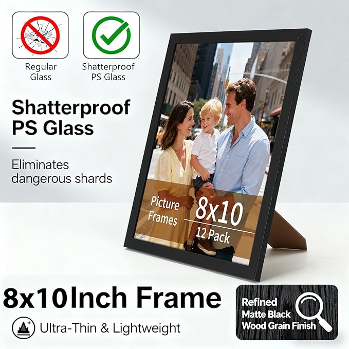 Lyeasw 8x10 Picture Frames Black 12 Pack, Matted Wood Grain Lightweight 8 x 10 Photo Frames for Wall Collage and Desk & Home Decor, with Horizontal or Vertical Placement.