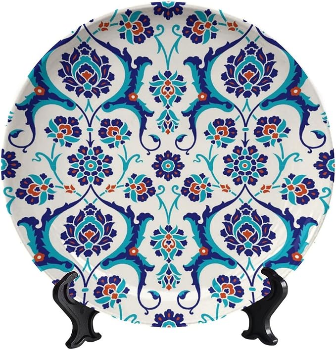 Turkish Decorative Ceramic Plates, 10 Inch, DarkTurquoise Round Display Plate, Home Wobble-Plate with Display Stand, for Home Kitchen Bedroom Decorative Ornaments