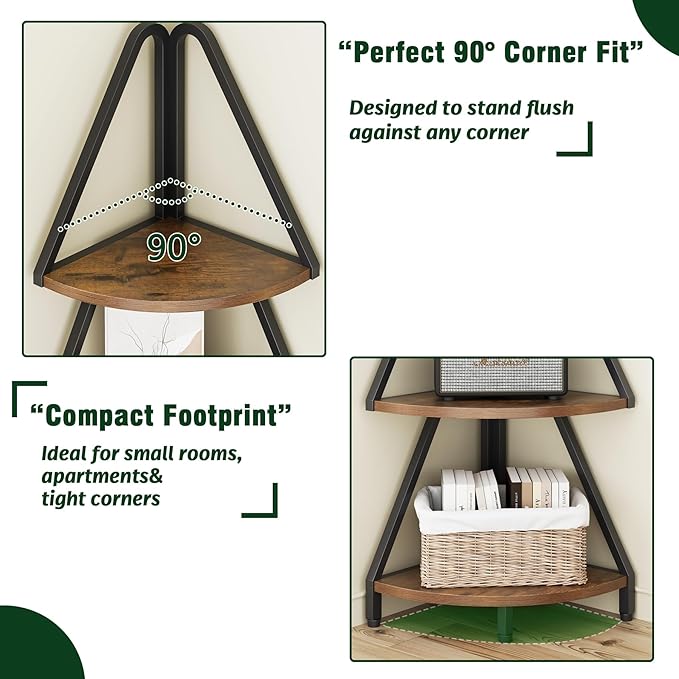 Espelism 4-Tier Corner Shelf Stand, 53.1” Tall Industrial Standing Display Shelf Storage Rack,Narrow Plant Stand,Tree Design Corner Bookshelf for Living Room, Bedroom, Office (Brown, 4-Tier)