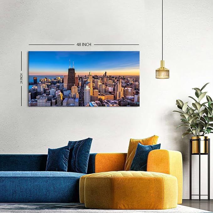 AIYISU Chicago Skyline Wall Art Chicago City Wall Decor Night Cityscape Canvas Prints Pictures City Skyscraper Painting Poster Modern Artwork for Kitchen Bedroom Living Room Home Decoration 24x48”