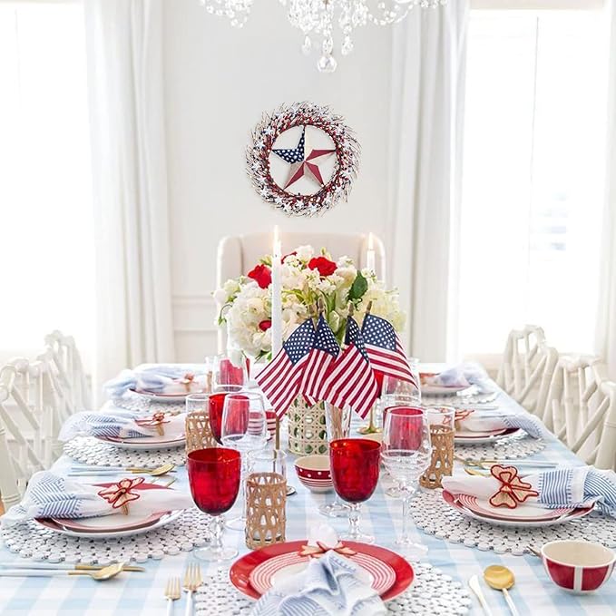 TEMPUS 18" Patriotic Wreath with Burlap Flag Star Artificial 4th of July Decor for Front Door, Indoor Wall & Gifting