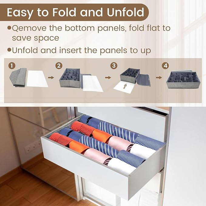 2 Pack Large Grid Sock Organizer Divider, 20 Cell with Lid, Fabric Foldable, Tie Organizer for Men for Storing Socks, Tie, Handkerchiefs, Belts (Grey)