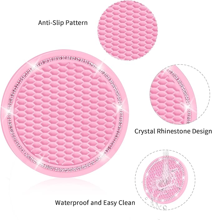 COCASES Car Coasters, 4 Pack Universal Vehicle Bling Car Coaster, Rhinestone Coaster for Cup Holders, Car Interior Accessories 2.75'' Silicone Car Coasters for Women(Pink, Pink Crystal Circle)