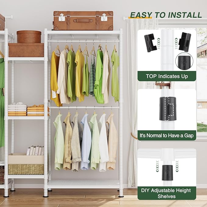 LEHOM G6 Wire Garment Rack Heavy Duty Clothes Rack Compact Large Size Armoire Storage Rack Freestanding Metal Clothing Rack Closet Wardrobe with 3 Hanger Rod and 4 Large Shelves 4 Small Shelves, White