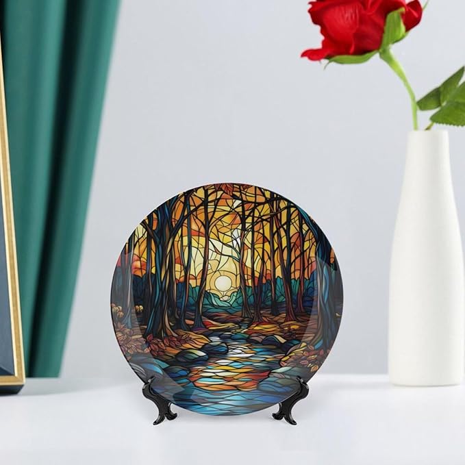 Stained Glass Theme Decorative Ceramic Plate Round Porcelain Plate,7 inch,Sunset Forest Stream Pattern,for Decorative Ornaments Giving Plates, 1 Plate with 1 Display Stand,Orange Blue