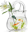 Glass Purse Vase for Flowers, Clear Bag Vase with Handle, Unique Handbag Shape Decorative Fish Bowl for Cute Room Table Shelf Decor, Wedding Centerpiece