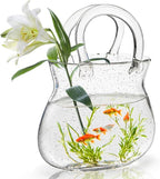 Glass Purse Vase for Flowers, Clear Bag Vase with Handle, Unique Handbag Shape Decorative Fish Bowl for Cute Room Table Shelf Decor, Wedding Centerpiece