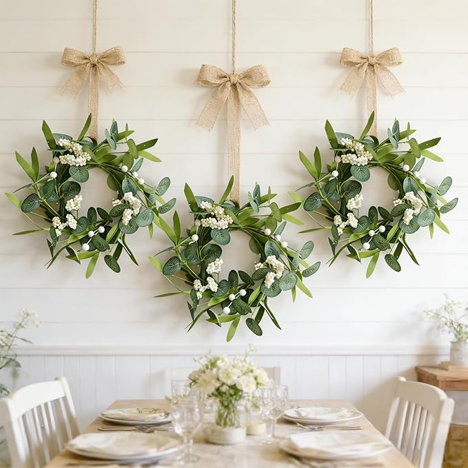 12 Pcs Green Artificial Eucalyptus Swag Wreaths Spring Summer Wreath with White Berries Mini Green Kitchen Cabinet Wreaths with Ribbon for Front Door Porch Wall Window Farmhouse Decoration