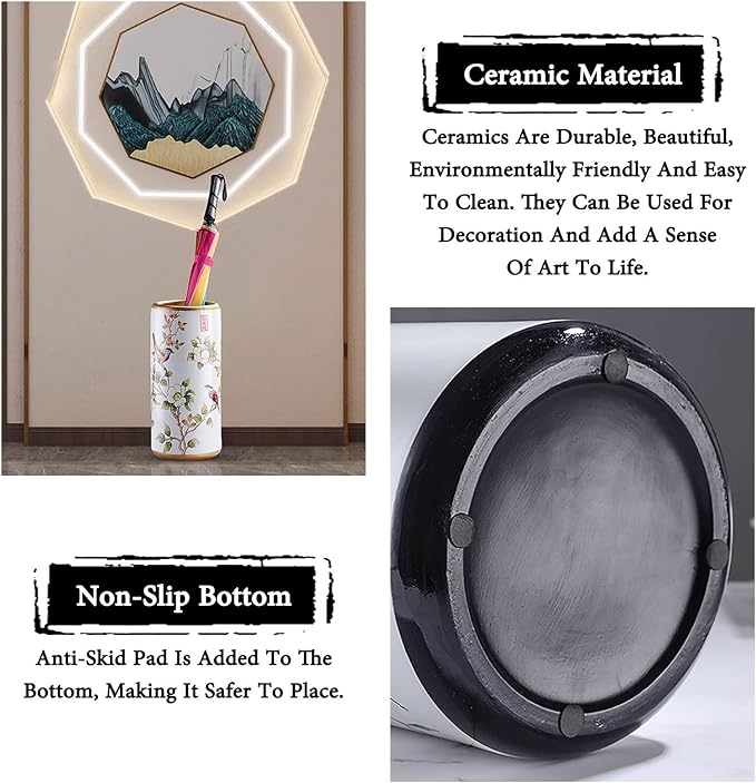 Ceramic Umbrella Stand Living Room Floor-Standing Freestanding Cane Chinese Umbrella Stand Multifunctional Painted Porcelain Vintage Ceramics Flower Vases for Home Office Entrance Indoor(C)