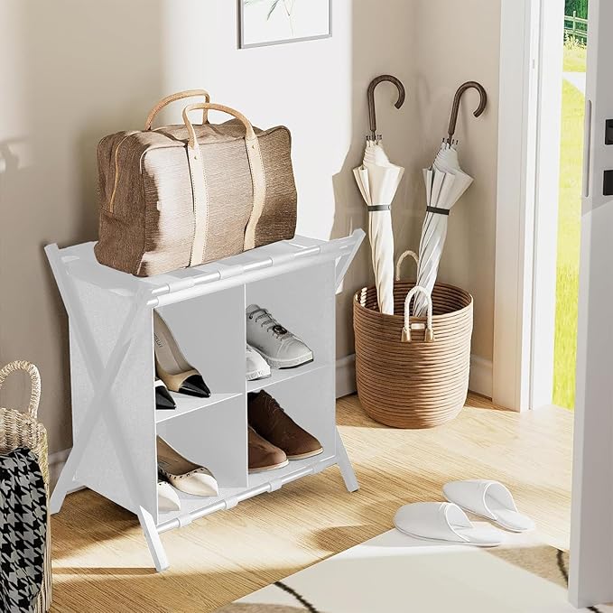 Luggage Rack for Guest Room, Folding Suitcase Stand with Fabric Storage Shelf, Luggage Holder, Steel Foldable Luggage Stand for Guest Room, Bedroom, Hotel, White