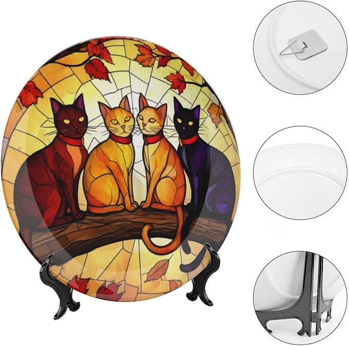Cat Theme Decorative Ceramic Plate Round Porcelain Plate,10 inch,Autumn Stained Glass Pattern,for Decorative Ornaments Giving Plates,1 Plate with 1 Display Stand,Orange red