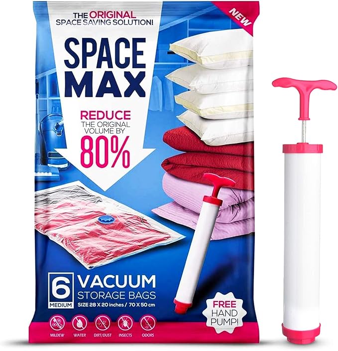 Medium 6 Pack | SPACE MAX Premium Space Saver Vacuum Storage Bags - Save 80% More Storage Space - Reusable, Double Zip Seal & Leak Valve, Includes Travel Hand Pump
