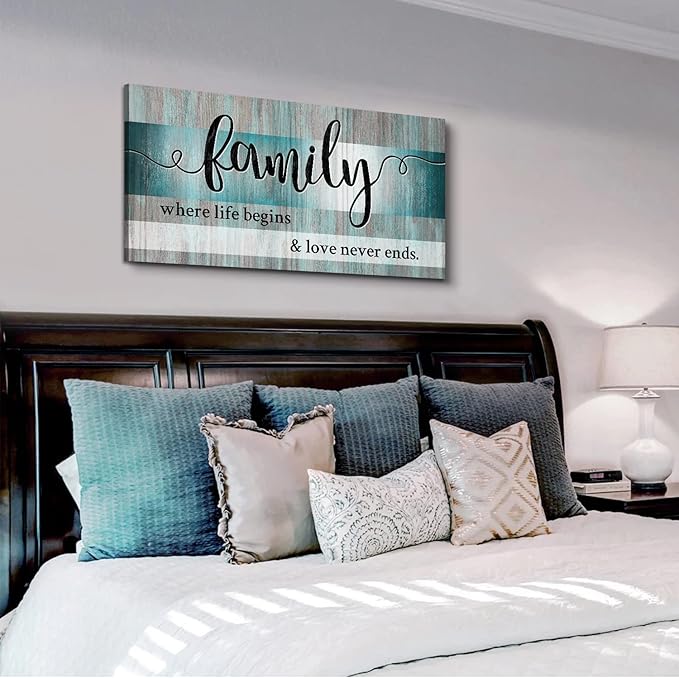 Family Wall Decor Teal Wall Art for Kitchen Dining Room Family Sign for Home Decor Wall Inspirational Quotes Canvas Prints Rustic Farmhouse Painting Artwork for Living Room Home Decorations 20x40"