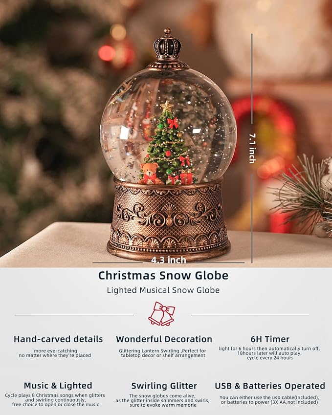 Snow Globe Christmas, Lighted Christmas Snow Globes with Timer, Swirling Musical Glittering Snowglobe Lantern for Decorations(Bear Gifts)