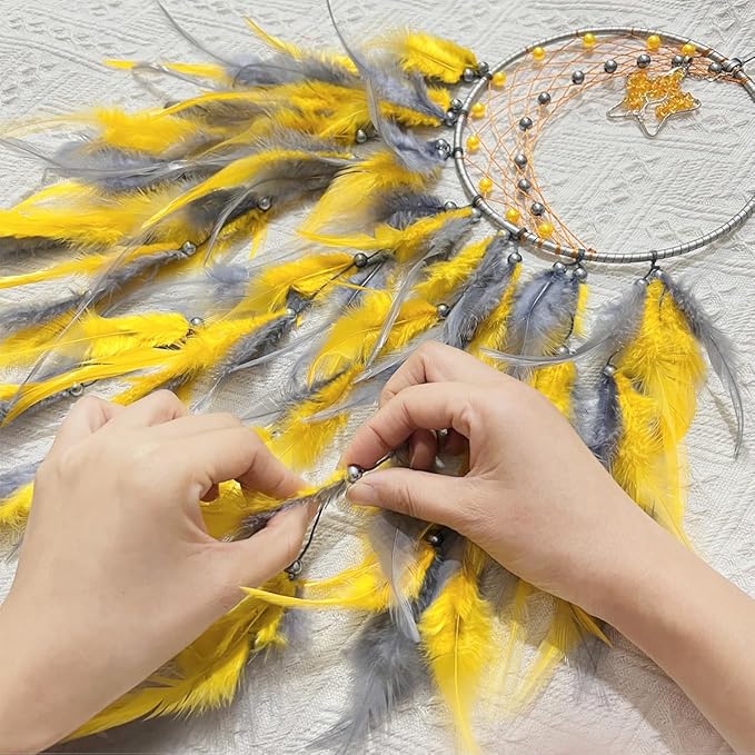 Dream Catcher Tree of Life Wall Decor,Sun Catcher,Moon Dream Catchers for Girl,Boho Bedroom Decor for Home,Handmade Feather Wall Decor Hanging Ornament(Yellow)