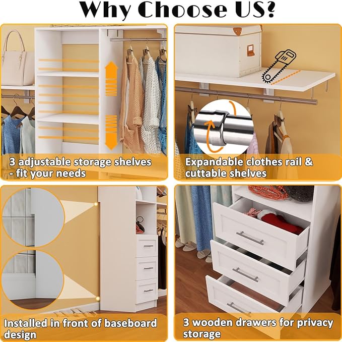 Dilando Closet Organizer System with Drawers, 5FT - 8FT Closet Shelving System 96" Walk in Wood Corner Closet Storage System with 4 Shelves Custom Hanging Rods Heavy Duty Wall Mount, White