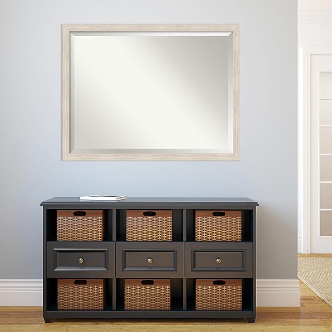 Amanti Art White Wall Mirror 33x43 Hardwood White Wash Narrow Rectangle Bathroom Mirror for Wall Decor Living Room, X-Large Country Rustic Wood Frame, Hangs Horizonally and Vertically, Bathroom Decor,