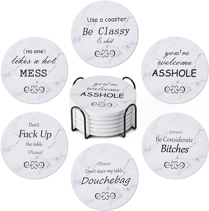 Hoewina 6Pcs Drink Coasters with Holder, Marble Style Ceramic Drink Coaster, Absorbent Coasters Set Suitable for Kinds of Cups, Modern Style Coasters for Coffee Table, 4 Inches（Style 10）