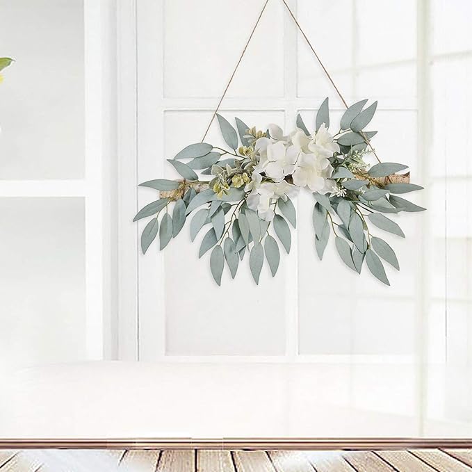 Artificial Flower Swag, 11.8in Eucalyptus Swags with White Flowers Handmade Greenery Hanging Decoration Swag for Wedding Arch Home Decor, Green, 210320XU03-7852-1500036402