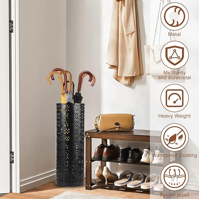 Umbrella Stand for Entryway, Metal Umbrella Holder, Freestanding Umbrella Stand Round Umbrella Holder Bin Waterproof Umbrella Storage Rack Indoor Walking Stick Holder for Home Entryway(15*42cm,Black)