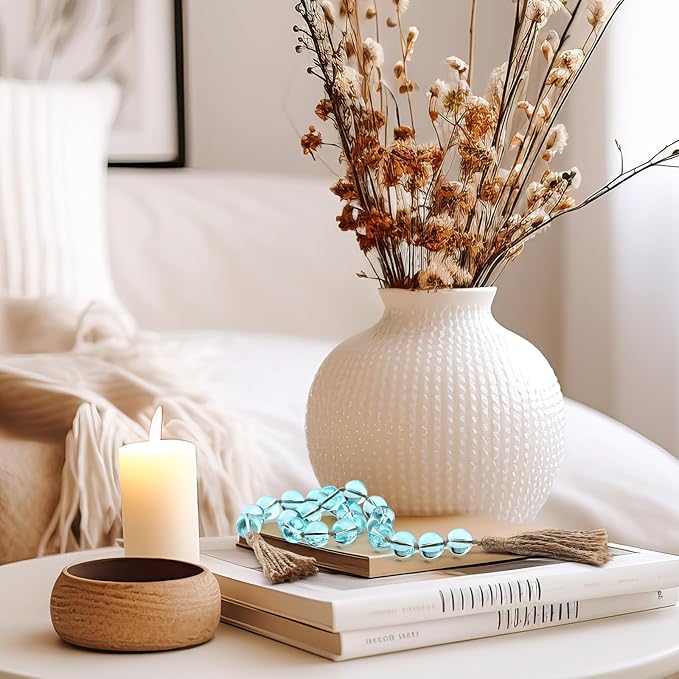 Misdary Modern Glass Beads Garland with Tassels, Blue Home Accent for Home Tray Shelf Coffee Table Living Room, Boho Decor Indoor Outdoor Stylish Tabletop Decoration, 25.6 Inch