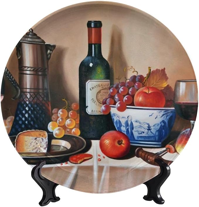 Decorative Ceramic Plates, 6 Inch, Cheese Makes Wine Taste Better Round Display Plate, Home Wobble-Plate with Display Stand, for Kitchen Living Room Office Countertop Decor