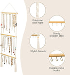 Hanging Jewelry Organizer Macrame Necklace Holder, with 30 Hooks, Over Door Necklace Rack, Wall Mounted Jewelry Hanger with Tassel Boho for Necklace Headband Bow Earring Bracelet