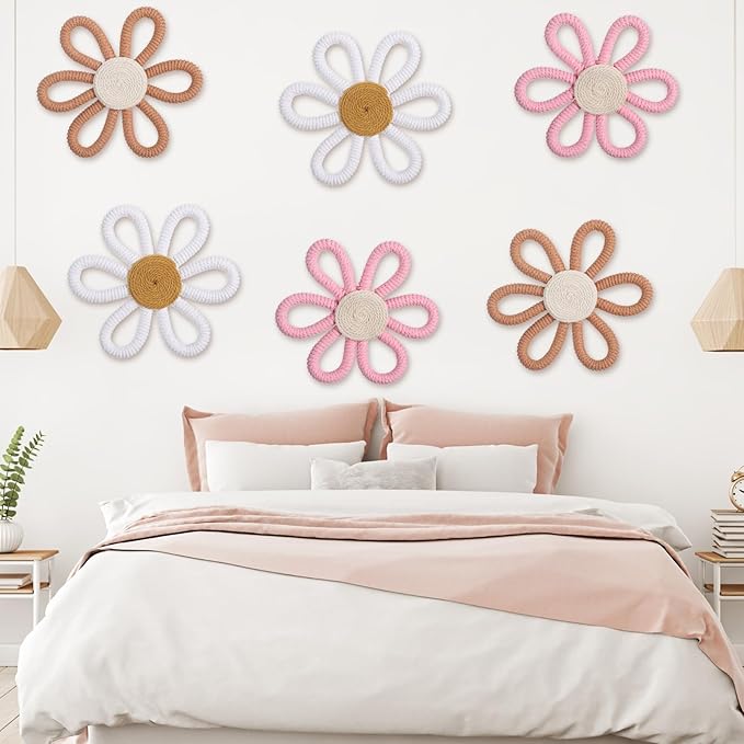 Zeyune 6 Pcs Boho Nursery Daisy Flower Wall Art Decor Woven Macrame Wall Pediments Boho Daisy Floral Nursery Art Decor for Home Bedroom Decorations(Classic Color,Yarn and Cotton Rope)