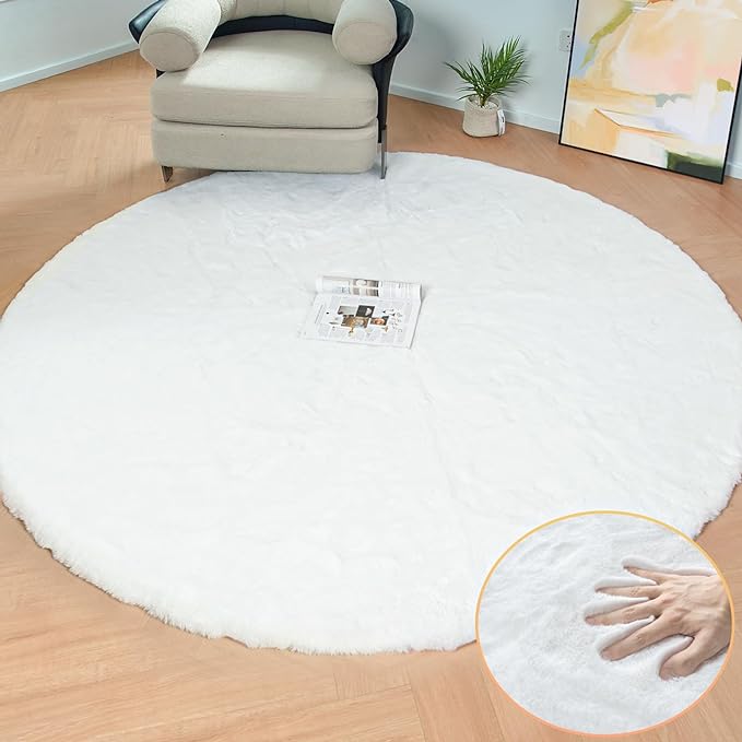 White Fluffy Round Rug 5ft for Bedroom Circle Faux Rabbit Washable Fur Area Rugs for Living Room Nursery Rug