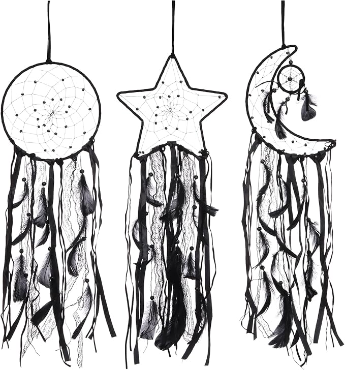 PATIKIL 28" Moon Sun Star Dream Catchers Set, Feather Handmade Dream Catchers Wall Hangings Art Decor for Home Wedding Bedroom Living Room Ornament,Black