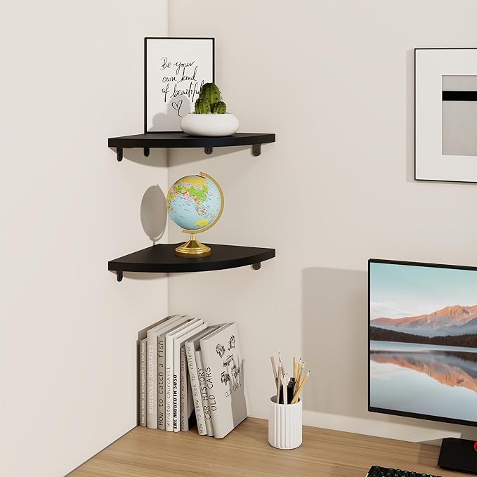 Fun Memories Corner Shelf Wall Mount, Solid Oak Wood Floating Corner Shelves with Cable Hole, 8.5in Rustic Design for Bedroom, Bathroom, Kitchen, Living Room (Black, 1 Pack)