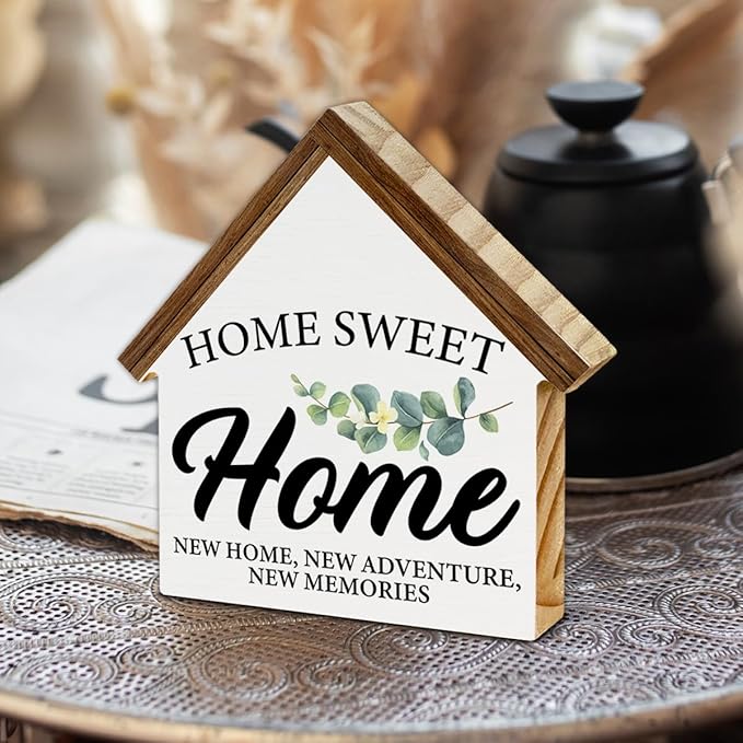 Housewarming Gifts, New House Decor, Home Sweet Home House Shaped Wooden Block Sign Living Room Decor for Desk Table Shelf