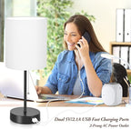 Table Lamps Set of 2 with USB Charging Ports, White Bedside Lamps with AC Outlet, Nightstand Lamps with Pull Chain Switch, Minimalist Modern Desk Lamps with Fabric Shade for Living Room Bedroom Office