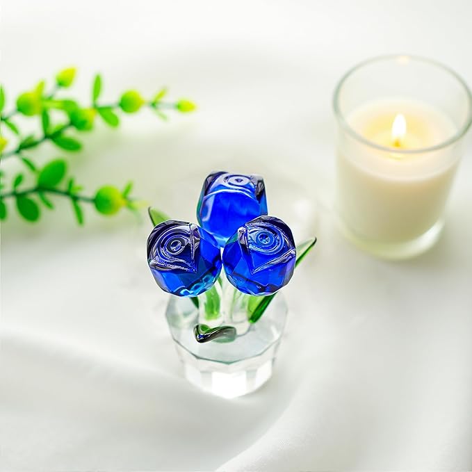 Blue Crystal Rose Flower Figurine for Wife Girlfriend Rose Collectible Figurines for Valentine's Day(3.2 * 2inch)